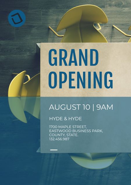 Modern grand opening flyer featuring elegant typeface and visually appealing yellow chairs. Perfect for businesses announcing openings, this stylish design can be used in both digital and print formats for promotions, marketing campaigns, and event advertisements.