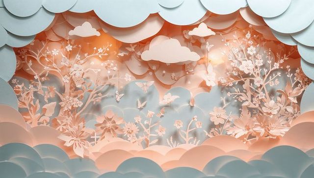 Pastel paper floral diorama with layered scalloped clouds, butterflies, shadowbox