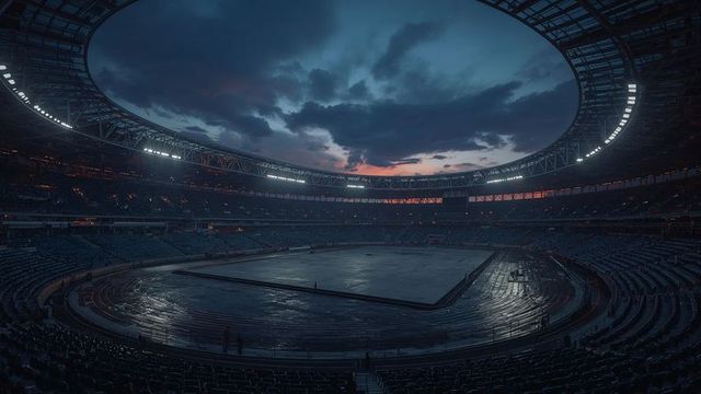 Dusk at modern empty stadium with illuminated structure