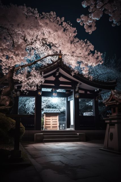 Beautiful scene capturing traditional Japanese temple illuminated under night sky, surrounded by cherry blossoms in full bloom. Ideal for themes involving Japanese culture, spirituality, springtime, and travel blogs. Perfect for backgrounds, travel brochures, and meditation visuals.