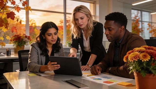 Diverse team reviewing analytics on tablet in autumn office