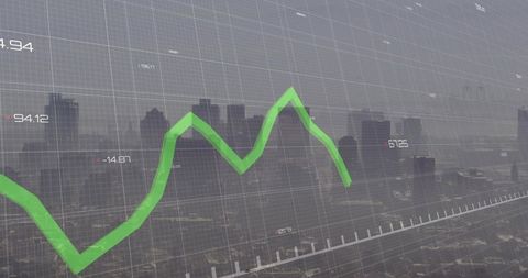 Green 3D Line Graph Overlaying City Skyline for Financial Data Visualization and Analytics