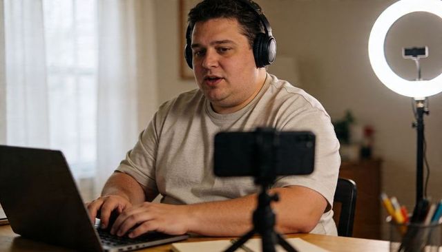 Man livestreaming at home desk with laptop headset ring light, typing and speaking