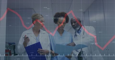 Healthcare Team Analyzing Data in Medical Setting with Graph Overlay