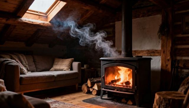 Glowing cast-iron wood stove warming rustic loft under skylight with log pile and sofa
