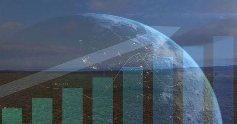 Global data visualization over twilight coastline with translucent globe, rising bar chart