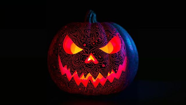 Glowing Ornate Jack-o'-Lantern with Sinister Face in Darkness