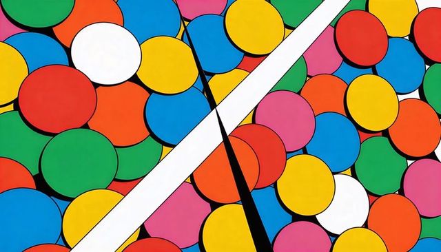 Vibrant pop art overlapping color circles with diagonal white band and black slit