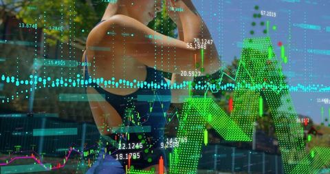 Athlete tying hair with futuristic data chart overlays