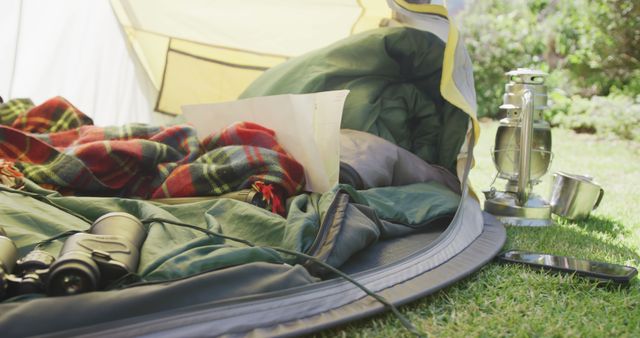 Cozy Camping Tent Interior with Sleeping Bag, Blanket and Camping Gear - Download Free Stock Images Pikwizard.com