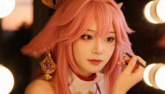 Cosplayer applying finishing makeup at backstage vanity with pink wig and gold headpiece
