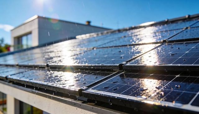 Shining rooftop solar panels during sun shower with water droplets and sunlight reflection