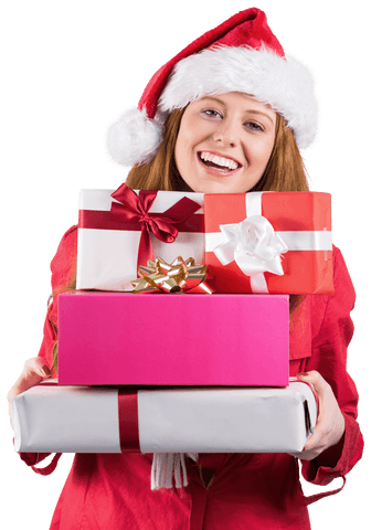 Festive Redhead in Santa Hat Holding Stack of Vibrant Gifts Transparent
