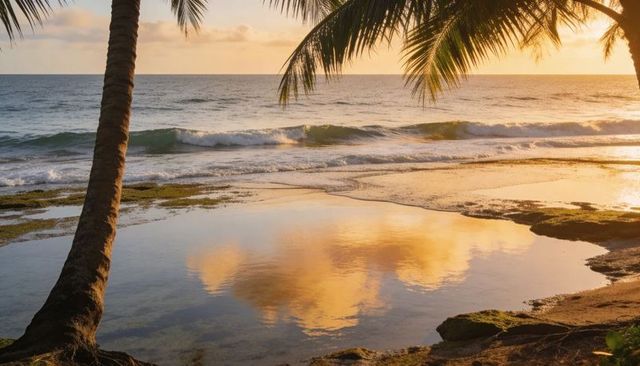 Tropical sunset reflections in shallow tide pool framing leaning palm trees and rocky shoreline