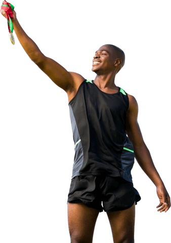 Victorious Runner Holding Gold Medal on Transparent Background