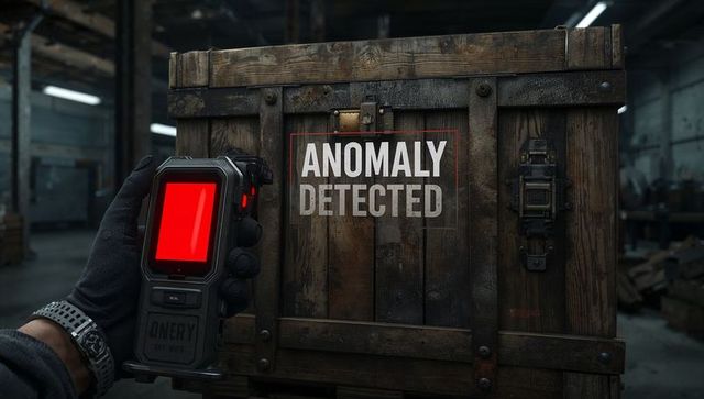 Handheld scanner detecting anomaly on weathered wooden crate in industrial warehouse