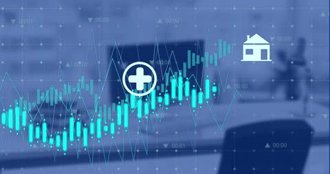 Digital Finance Visualization with Graphs and Icons Over Office Setting