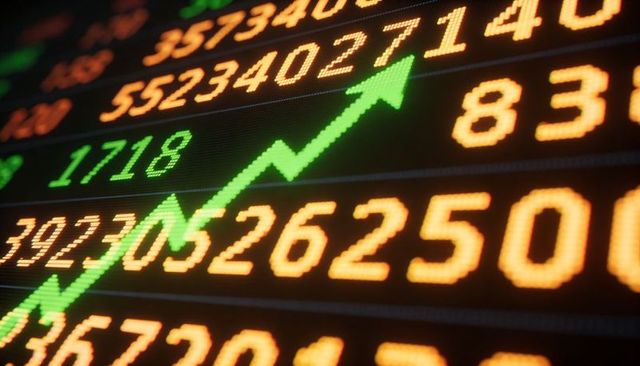 Displaying Neon Green Uptrend on LED Stock Ticker with Amber Dot-Matrix Numbers