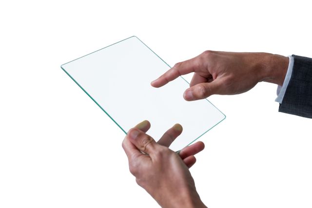Businessman using futuristic digital tablet against white background