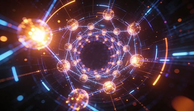 Neon Data Vortex with Glowing Node Network and Pulsing Orbs in Futuristic Digital Tunnel