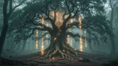 Enchanted glowing dreaming tree with mystical symbols in misty forest clearing