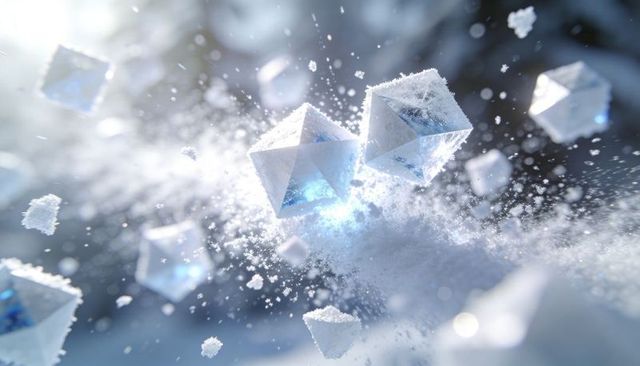 Glowing faceted ice octahedrons floating in frosty macro scene with blue light bokeh