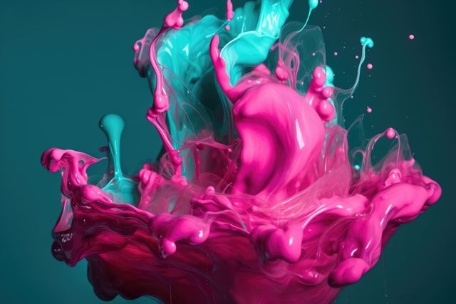 Close up of blue and pink liquid splashing on blue background created using generative ai technology. Liquid and colour concept digitally generated image.