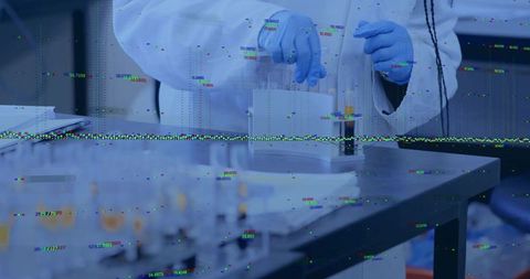 Scientist handling test tube in laboratory with glitch effect