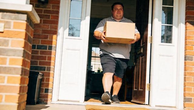 Man delivering package through front door on sunny brick porch stepping over threshold