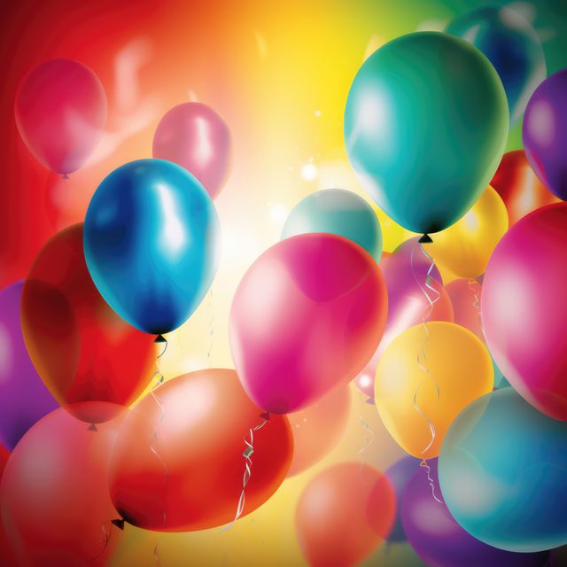 Colourful party balloons floating against coloured lights, created using generative ai technology. Celebration and party time, digitally generated image.