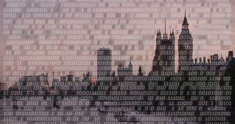 Binary Code Overlay on London Cityscape at Sunset