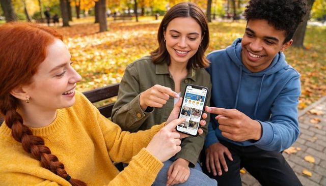 Friends sharing smartphone on park bench, pointing at app screen, enjoying autumn outdoors