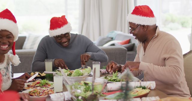 Family members are wearing Santa hats and enjoying a festive lunch together. This image is perfect for advertising Christmas-related products, promoting holiday gatherings, or illustrating articles about family traditions and celebrations during the holiday season.