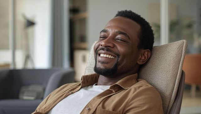 Smiling Man Relaxing at Home in Modern Minimalist Living Room