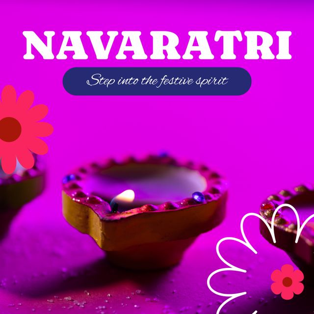 Lit diyas and festive decorations for Navaratri festival on a vibrant pink background are ideal for use in festive cards, social media posts, promotional material, cultural event invitations and spiritual content. Encourages festive spirit and sets a celebratory mood perfect for Hindu traditions and Indian cultural themes.