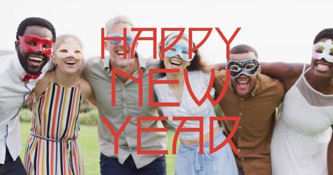 Happy new year celebration with diverse friends in masks