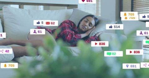Woman Sleeping with Social Media Notifications Surrounding Her
