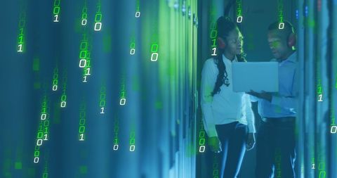 Coworkers Discussing in Server Room with Binary Code Overlay - Download Free Stock Images Pikwizard.com