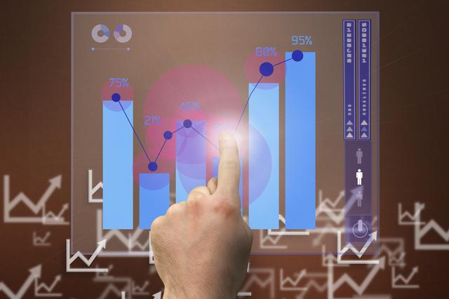 Hand pointing at an interactive virtual financial graph showing increasing data trends. Background displays additional graphs and charts, symbolizing growth and data analysis. Suitable for use in financial reports, business presentations, and tech-based analytics solutions.