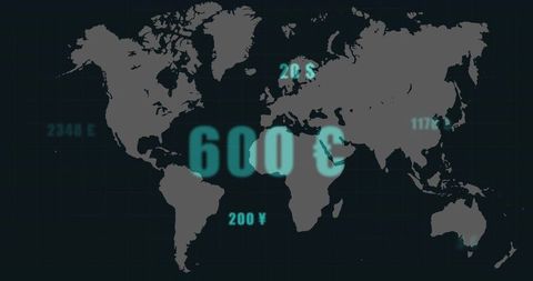 Glowing Currency Map on Digital Interface with Teal Highlights