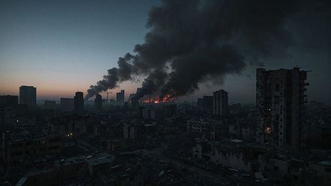 Urban desolation: airstrikes smoke and ruin across war-torn cityscape