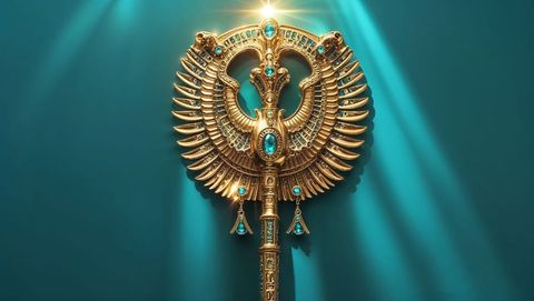 Golden winged scepter with turquoise gems against teal background