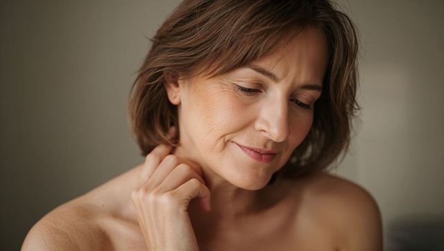 Middle-aged woman smiling touching neck, serene natural beauty portrait for skincare