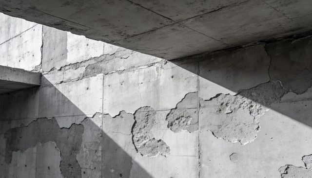 Weathered Concrete Wall with Peeling Plaster and Geometric Shadows, Industrial Texture