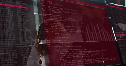 Curly-Haired Professional Analyzing Code and Data Dashboards on Transparent Monitors
