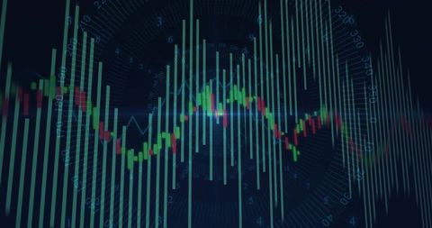 Market Analysis Visualization Showing Candlestick Chart with Teal Volume Bars and Radial Grid