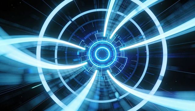 Glowing Cyber Core Emitting Radial Light Beams Through Futuristic Data Tunnel