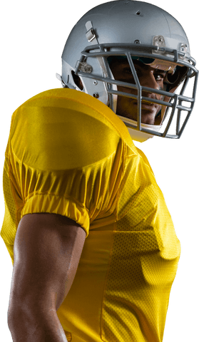 Transparent side view of american football player in yellow jersey and helmet