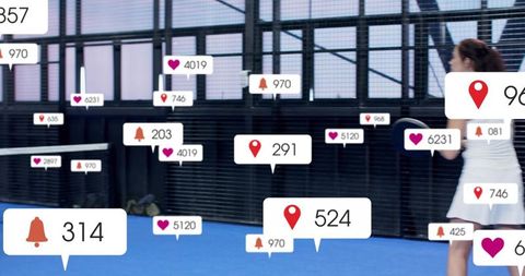Female tennis player swinging racket on blue indoor court with social media notification overlays