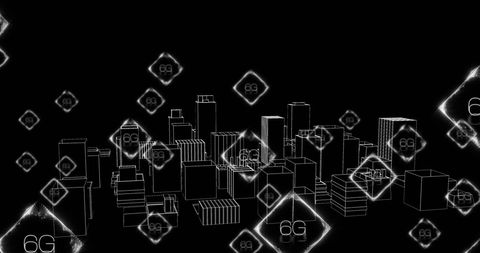 Futuristic 6g grid over modern cityscape